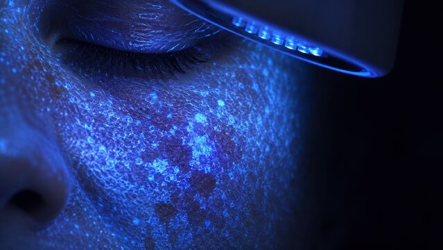 Close up skin analysis with ultraviolet light highlighting texture and pigmentation on human face