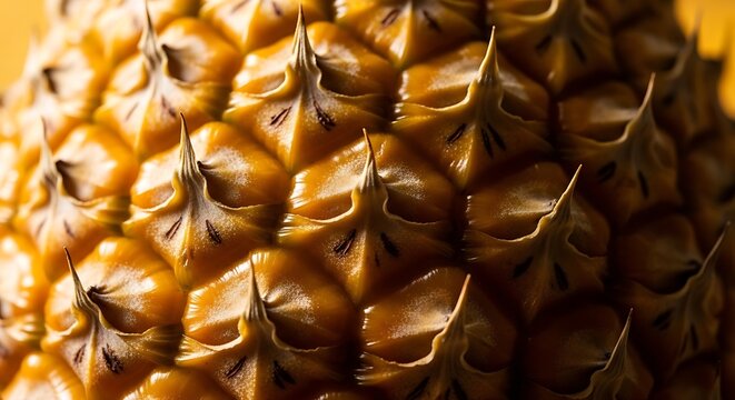 Close up macro texture of ripe golden pineapple skin showing detailed geometric spikes and vibrant yellow organic patterns in high resolution detail