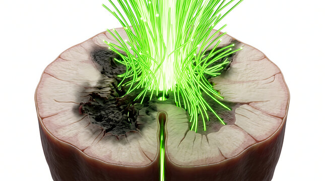 3D medical illustration of a spinal cord cross section with glowing green fibers representing neural stimulation and nerve regeneration