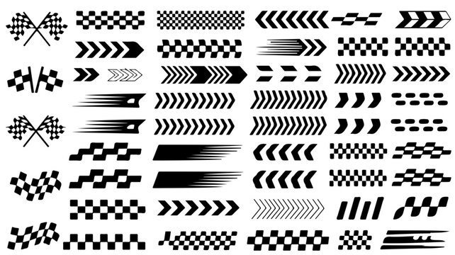 Racing checkered flags and speed motion lines set, black and white automotive decals vector, sport competition finish line graphics