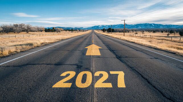 Road to 2027 with an empty road with written 2027 and arrow pointing towards the horizon to represent the future and positivity and success of the new year 2027