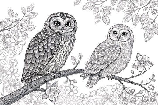 Two owls perched on a branch together