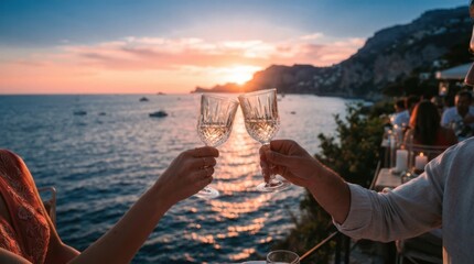 Fototapeta premium Couple toasting with wine glasses at a romantic sunset dinner overlooking the sea