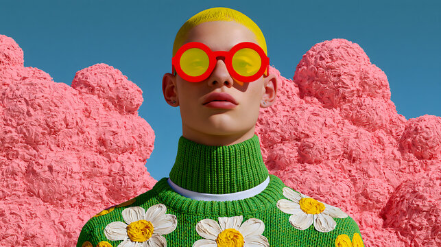 Vibrant Visionary: A bold individual with a striking yellow buzzcut and vibrant red-rimmed yellow sunglasses poses confidently against a surreal backdrop of fluffy pink clouds and a clear blue sky.