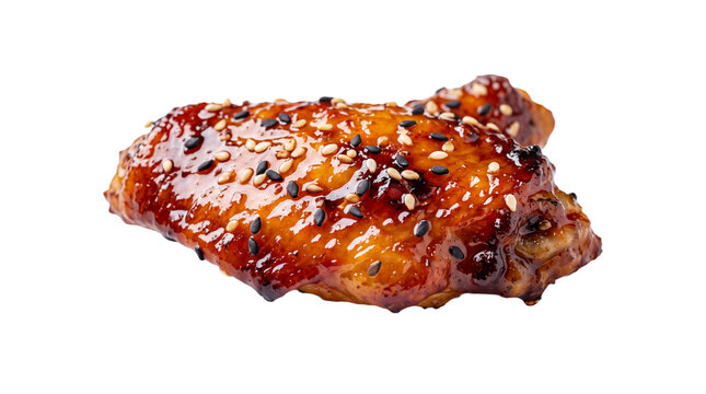 Glossy sticky glazed chicken wing with black and white sesame seeds, crispy roasted appetizer cutout isolated on transparent background for Asian food menus