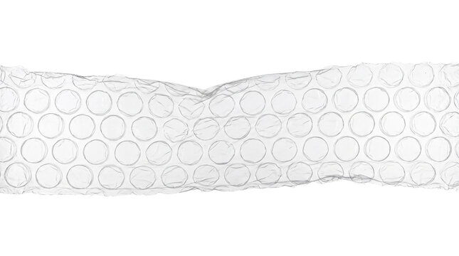 Crinkled bubble wrap strip isolated on transparent background, torn protective packaging plastic texture cutout for shipping and cushioning design