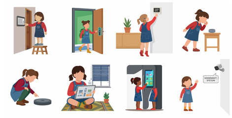 Fototapeta premium Child interacting with smart home technology, flat vector illustration set of IoT devices in daily life