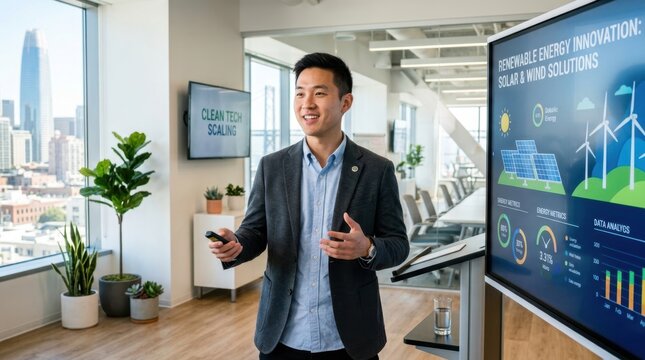 Young Asian businessman presenting renewable energy solutions in a modern office