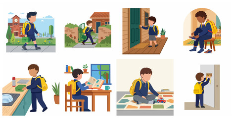 Fototapeta premium Schoolboy Daily Routine Illustration Set: Going to School, Studying, Playing, and Coming Home