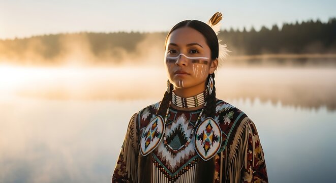 Portrait of an Indigenous woman in traditional ceremonial regalia standing by a misty lake at sunrise