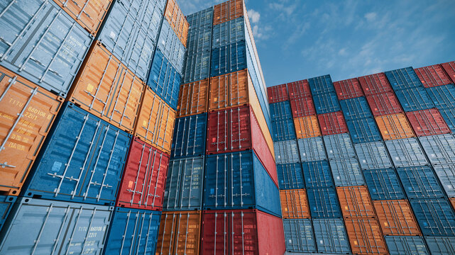 Colorful shipping containers stacked under blue sky