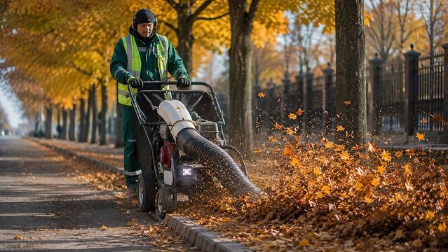 Autumn municipal worker operating leaf blower clearing fallen leaves along city sidewalk