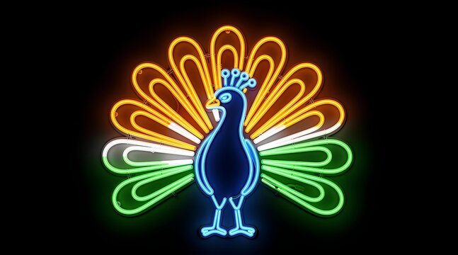Vibrant neon peacock illumination showcasing colorful fan-like tail against dark background