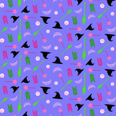 Magic wands witch hats and tiaras scattered on a lavender background with soft pink pearls