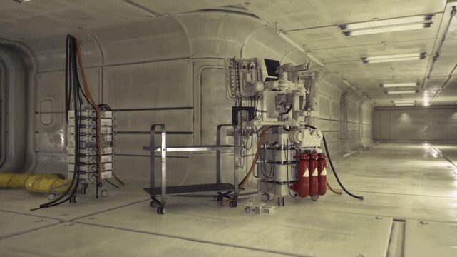 Empty industrial maintenance bay with dismantled machinery, tangled cables, red extinguishers, wheeled cart, dim fluorescent lighting, scuffed metal panels