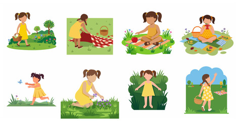 Fototapeta premium Collection of cute little girl character illustrations enjoying outdoor picnic activities, picking flowers, and playing in nature park