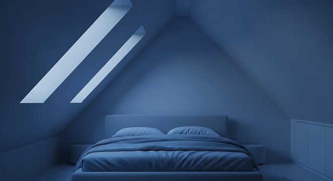 Monochrome blue minimalist attic bedroom interior design with slanted roof skylights and a cozy double bed