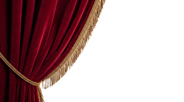 Red velvet theater curtain with gold fringe and rope tieback, elegant stage drape corner isolated cutout on transparent background for design