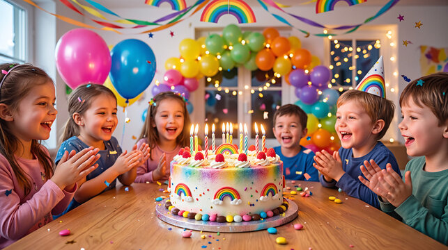 white birthday cake with candles, birthday party for children, children having fun, colorful cake, rainbow, multicolored balloons and sparkles, chocolate, sugar and candies, candles, sweet dessert