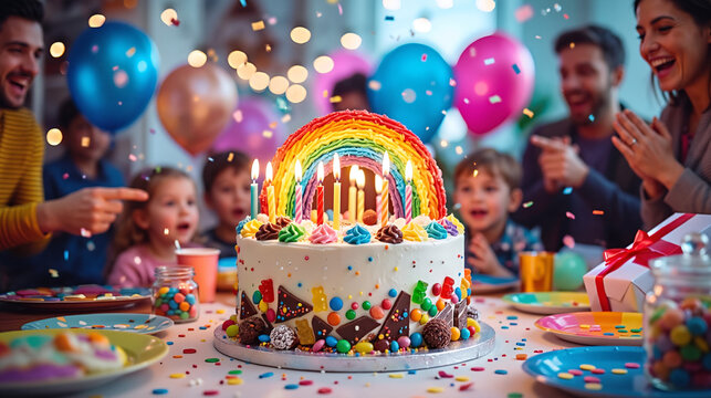 white birthday cake with candles, birthday party for children, children having fun, colorful cake, rainbow, multicolored balloons and sparkles, chocolate, sugar and candies, candles, sweet dessert