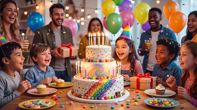 white birthday cake with candles, birthday party for children, children having fun, colorful cake, rainbow, multicolored balloons and sparkles, chocolate, sugar and candies, candles, sweet dessert