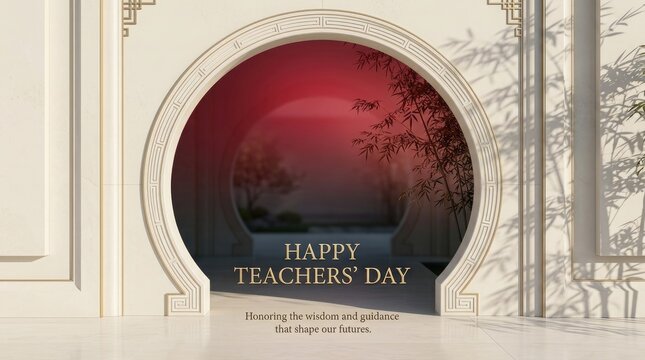 A beautiful traditional chinese style circular window frame design celebrating happy teachers day china with elegant red and dark background