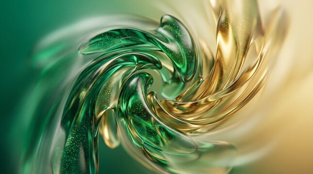 Abstract Swirling Liquid Flow in Emerald Green and Gold