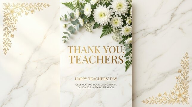Elegant floral greeting card design for happy teachers day china celebration featuring white chrysanthemum flowers and gold text on marble