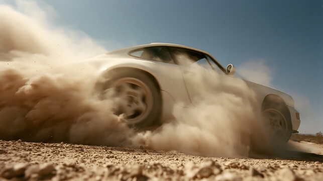 Vintage Sports Car Drifting in Desert: A classic white sports car drifts powerfully, kicking up a cloud of dust and sand in a deserted arid landscape under a clear blue sky.