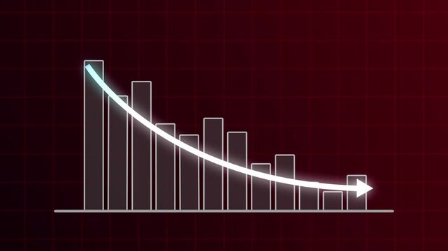 Animated Declining Bar Chart with Glowing White Downward Arrow on Red Grid Background, Showing Financial Loss, Market Downturn and Negative Growth