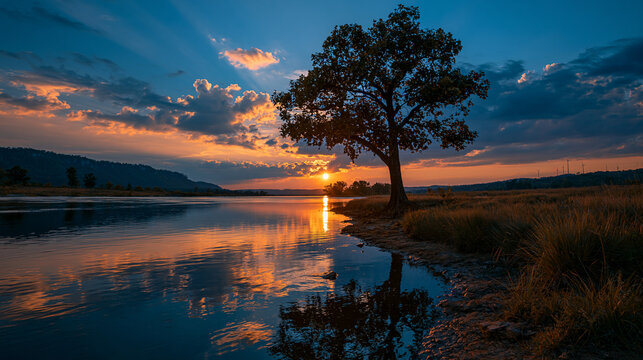 Single large tree silhouette reflected in calm river water during golden sunset