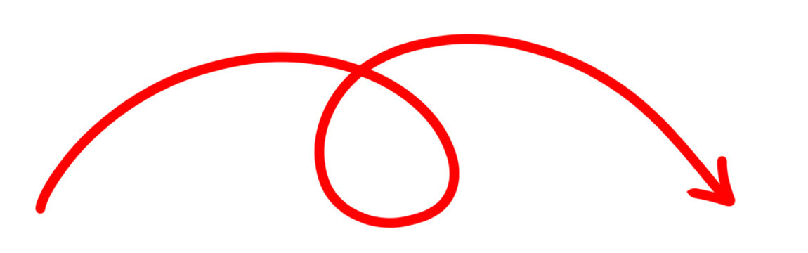 Red looping curved arrow hand drawn on white background