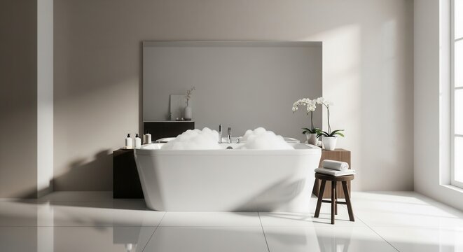 Serene Bathroom Oasis With Bubble Filled Bathtub And Orchid Flowers