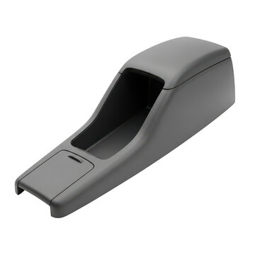 Sleek dark gray automotive center console assembly with armrest storage compartment isolated on white background for vehicle interior replacement parts.