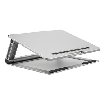 Adjustable Silver Aluminum Laptop Stand with Ergonomic Design and Foldable Heat Dissipation Ventilated Surface for MacBook Tablet and Computer Desk.