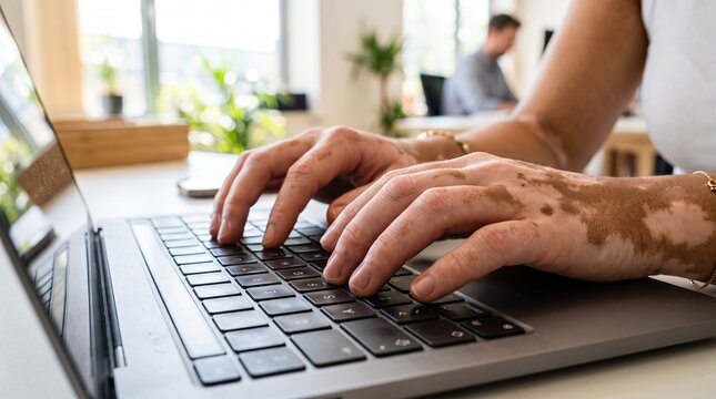 Close-up of hands typing on a laptop in a bright office setting