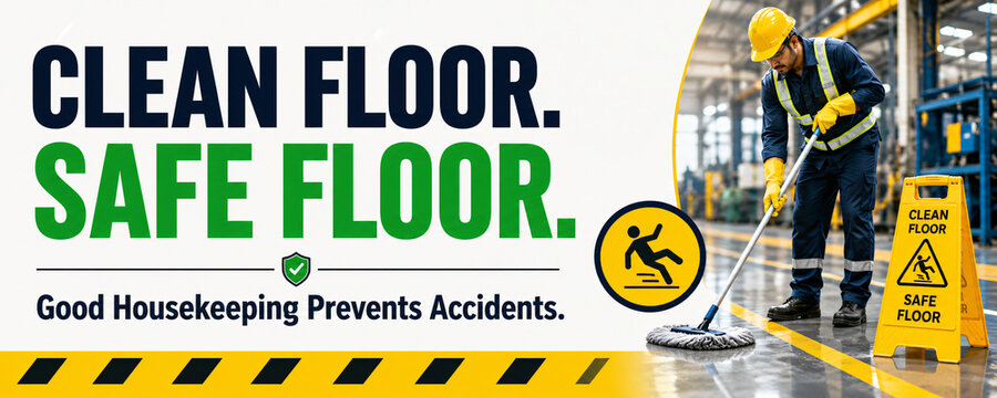 Clean Floor Safe Floor Workplace Housekeeping and Slip Prevention Safety Banner