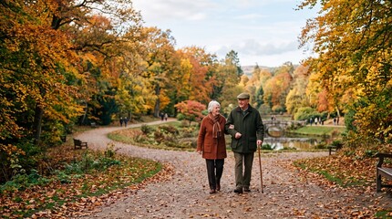 Obraz premium Elderly couple walking arm in arm on a path in an autumn park