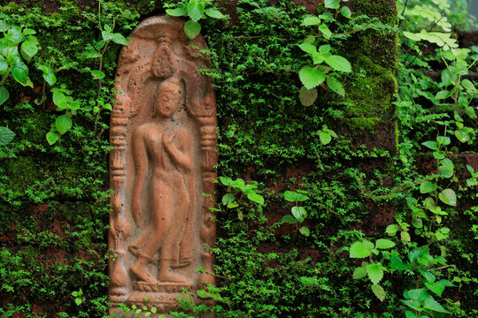 Standing buddha relief integrating with mossy wall in Chiang Mai