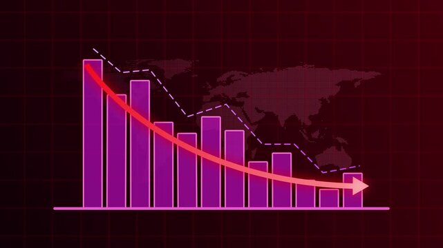 Animated Purple Financial Bar Chart with Falling Red Arrow and Dashed Trend Line Showing Market Decline, Economic Downturn and Business Loss