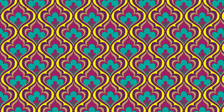 Vintage damask seamless pattern, retro ogee floral background, purple and teal bohemian textile vector, elegant wallpaper design