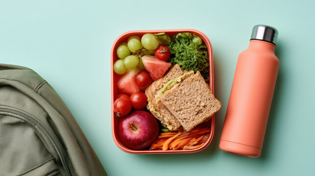 Healthy school lunchbox with sandwich, fruit, vegetables and reusable water bottle beside a backpack, representing balanced nutrition, healthy eating and student wellness