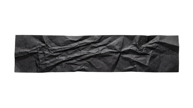 Crumpled black paper strip texture isolated on transparent background, torn wrinkled horizontal banner for grunge design overlays and collages
