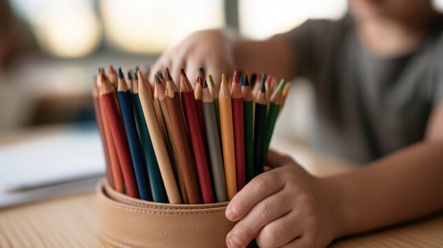 Child reaching for colored pencils at a desk, representing creativity, choice, education, learning, art and childhood