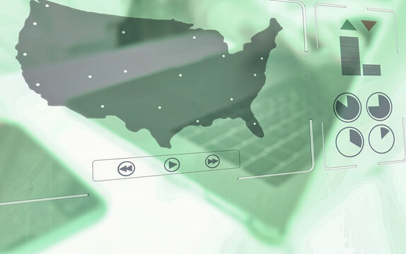 Abstract digital graphic overlay showing the contiguous United States map with city markers and interface elements, suggesting data flow and network connectivity across the country, USA.