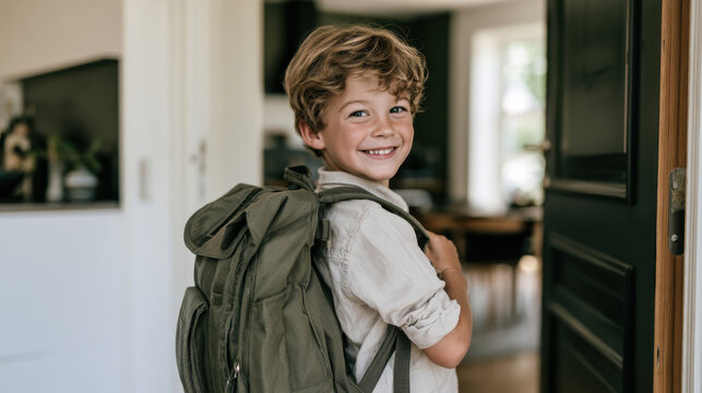 Smiling schoolboy wearing a backpack and looking back while leaving home through an open front door