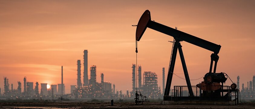 Raw industrial power meets golden hour drama an oil pump jack silhouette dominates the foreground as a vast refinery complex glows against a fiery orange sunset sky.