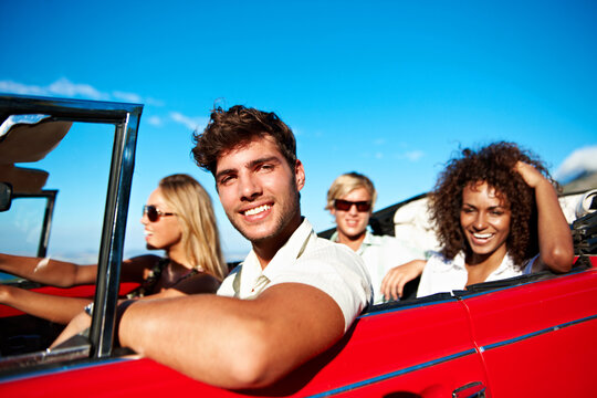 Road trip, bonding or friends outdoor with vehicle, fun together or happy moment in holiday. Car travel, portrait or people in nature with drive, getaway connection or auto adventure in summer break.