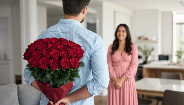 Man presenting bouquet of roses to woman in pink dress at home  