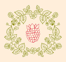 Round raspberry wreath with single berry in center, hand drawn olive branch frame with flowers on cream, label and logo template © Katio